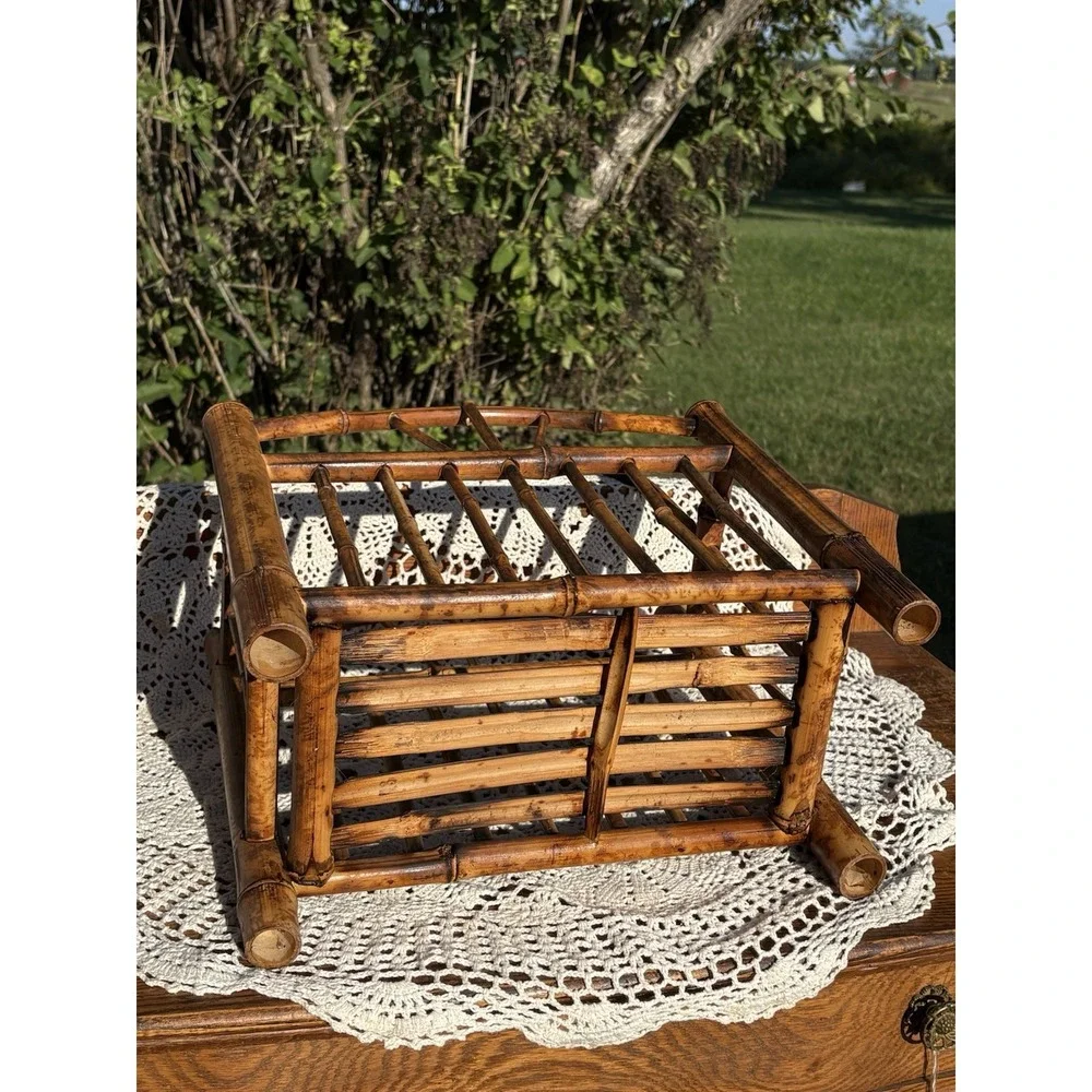 Vintage Bamboo Rattan MCM Magazine Rack Vinyl Storage Holder 14
